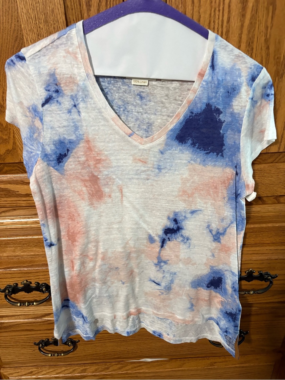 Cynthia Rowley Tie-Dye Linen V-Neck Tee in Blue & Blush